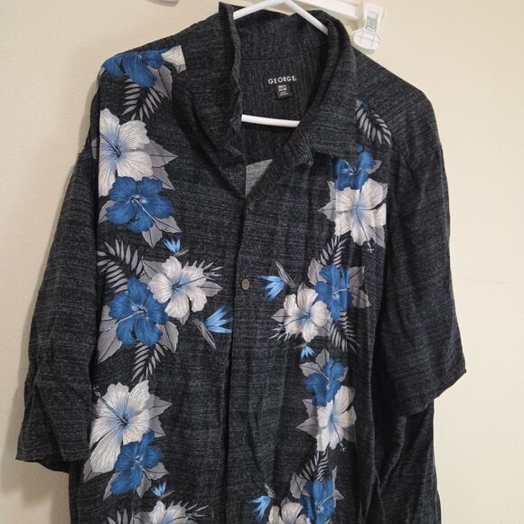 George Shirt Mens 3XL Gray Hawaiian Floral Short Sleeve Button Up Rayon - Picture 2 of 3